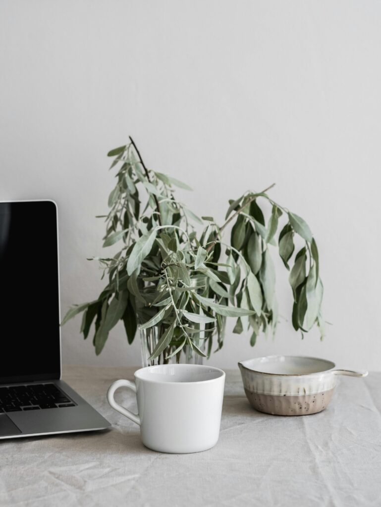 Laptop Beside White Ceramic Mug and Pot on Table