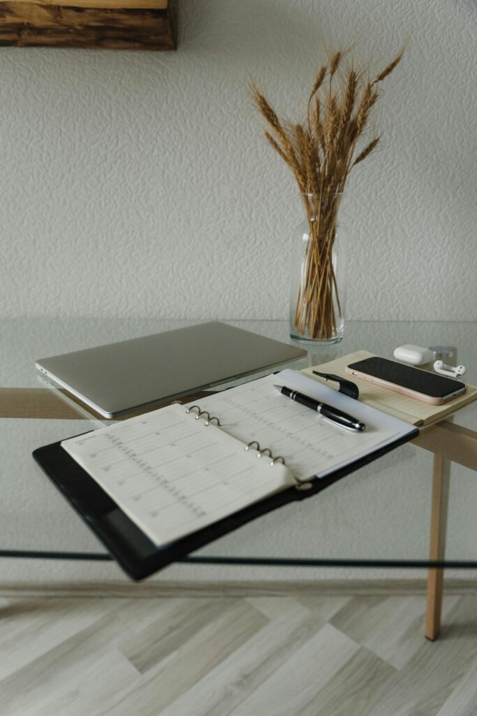 Organized workspace featuring a laptop, notebook, and decorative plant on a glass table.